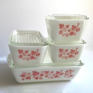 Vintage Pyrex Pink Gooseberry Refrigerator 8 Piece Complete Set 501(x2) 502 503